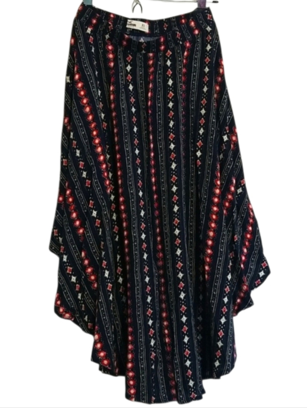 Hollister Boho Style Asymmetrical Navy Midi Skirt with Red/Cream Geometric Print